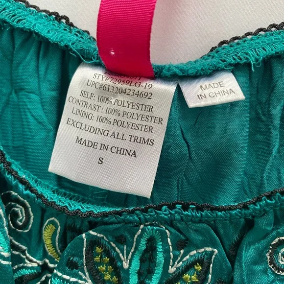 Boho Teal Embroidered Gemstone Waist Empire Top Small - Picture 4 of 6